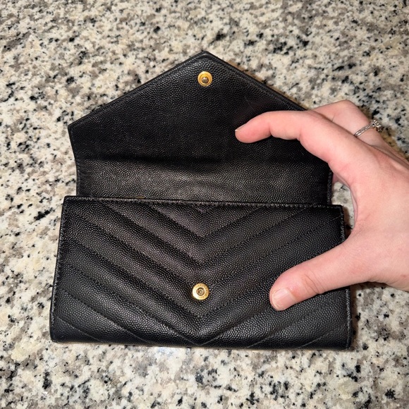 ✨Authentic! Yves Saint Laurent Black Chevron Women’s Wallet with Gold Logo✨ - Picture 2 of 5